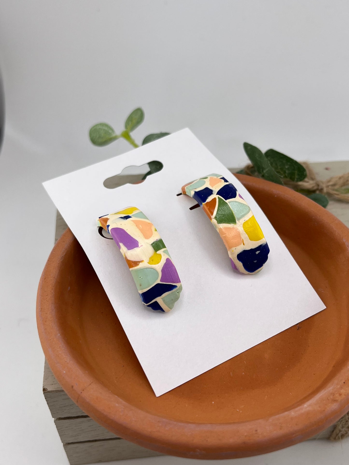 Stained Glass Design Half Hoops - Polymer Clay Earrings