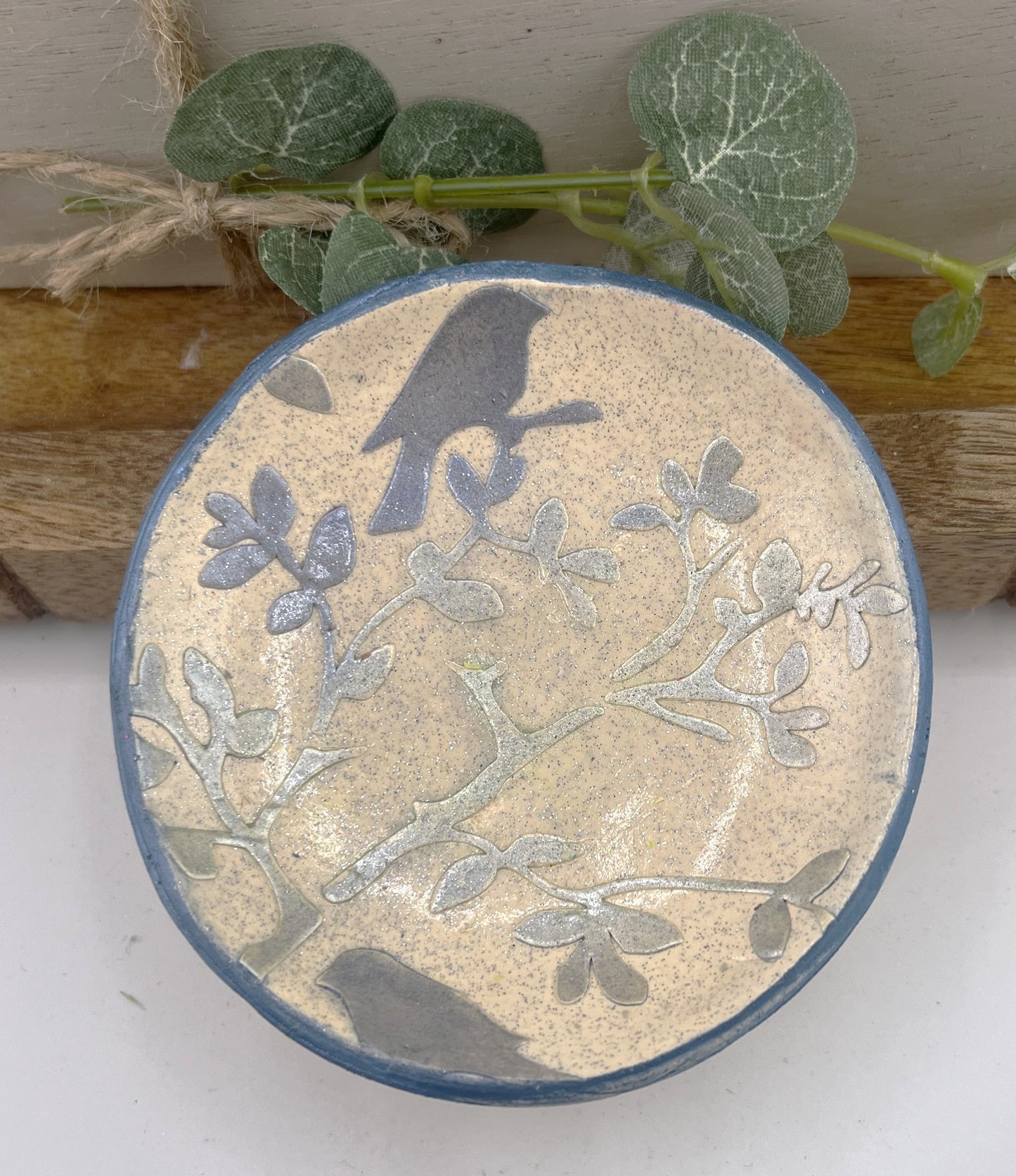 Hand Painted Small Blue Bird Trinket Dish