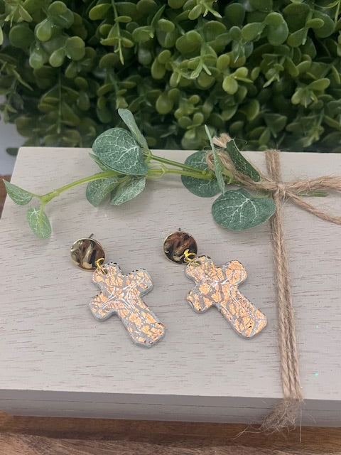 Gold Leaf Cross Earrings