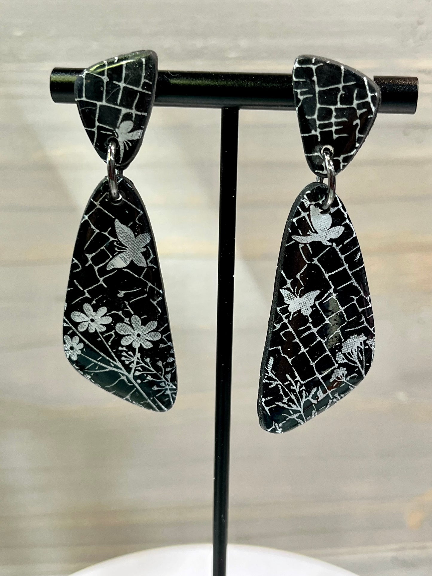 Black and White screen print butterfly's polymer clay earrings