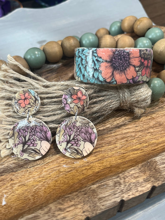 Floral Polymer Clay Bracelet and Earrings