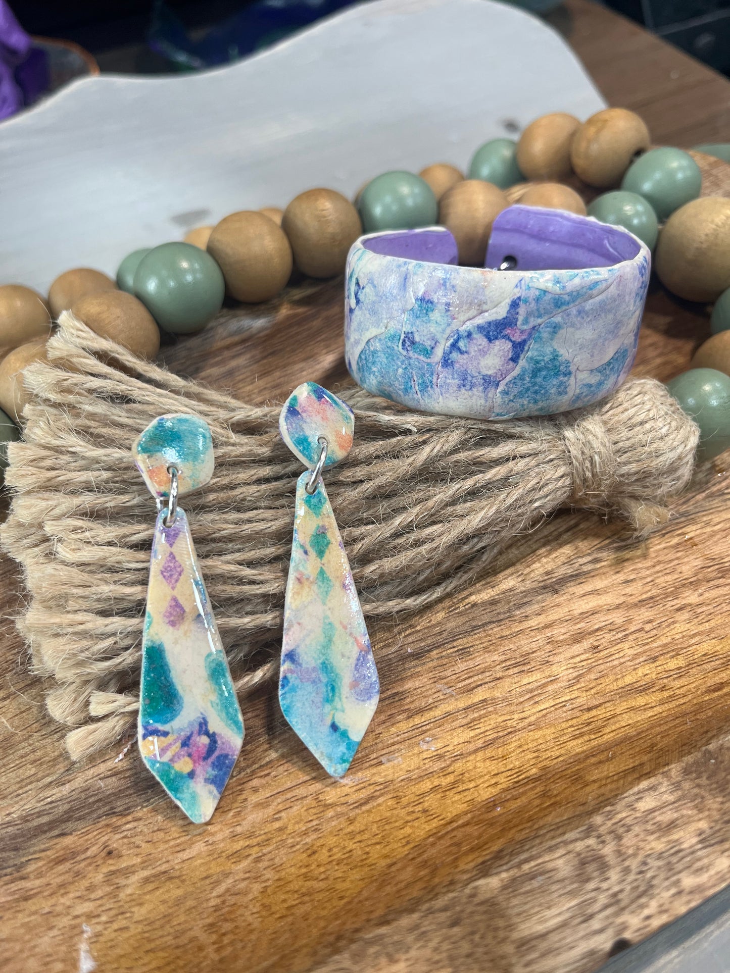 Pastel Print Polymer Clay Bracelet and Earring Set