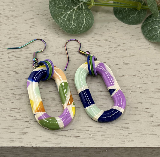 Multi Color Oblong Polymer Clay Earrings