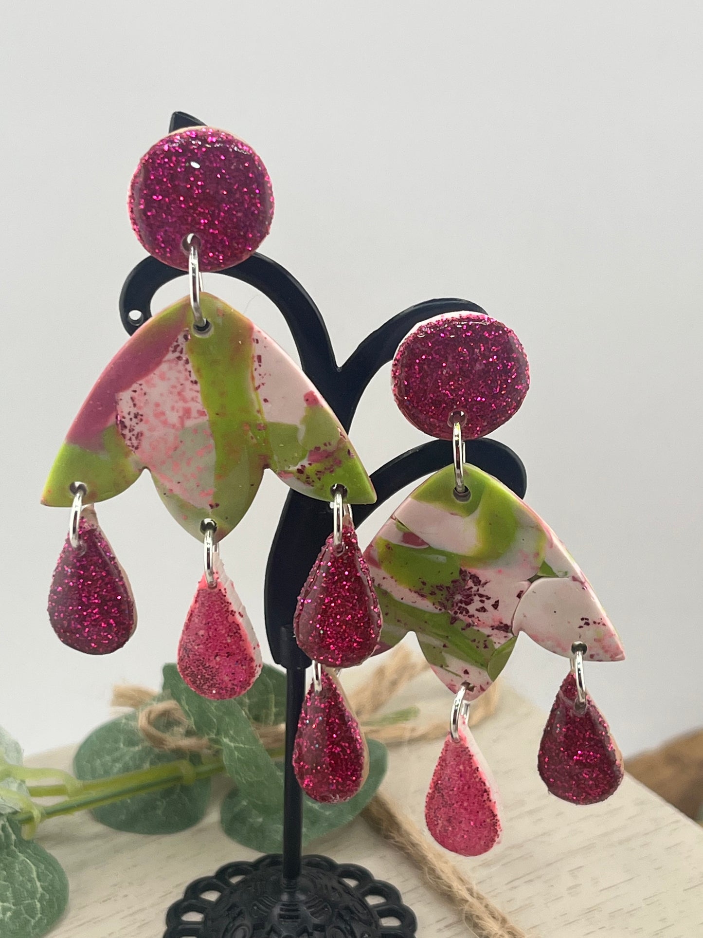 Hot Pink and Green Chandelier Earrings