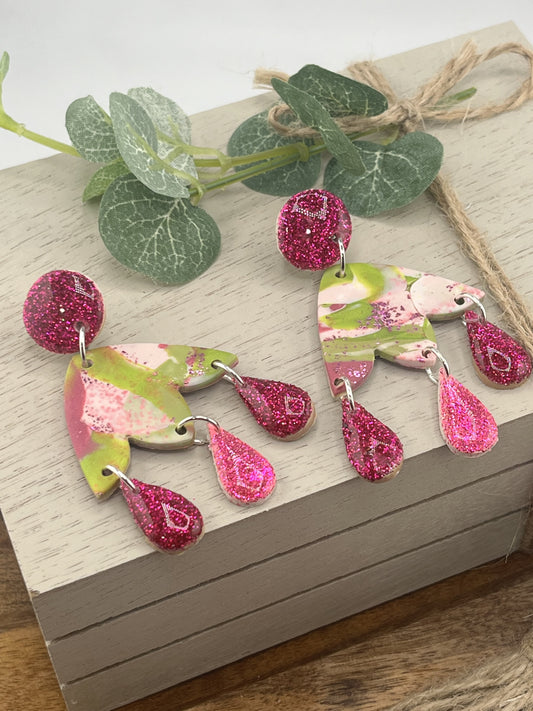 Hot Pink and Green Chandelier Earrings
