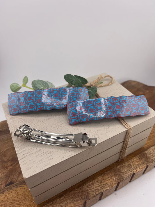 Hair Barrette - Blue and Red Hand Painted