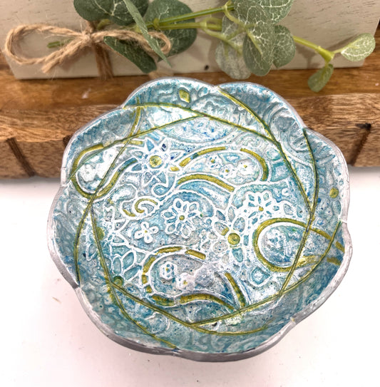 Hand Painted Teal and Gold Trinket Dish