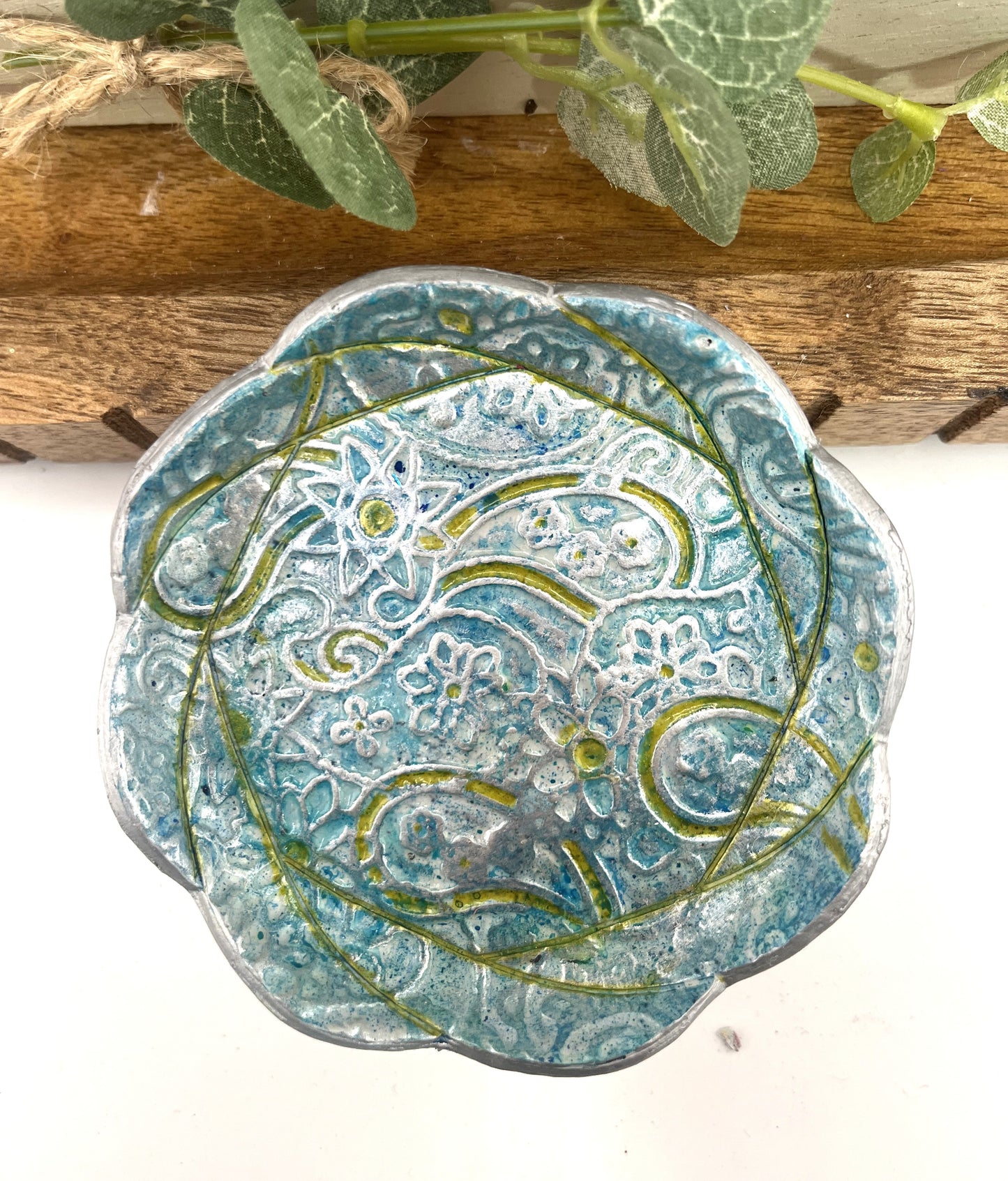 Hand Painted Teal and Gold Trinket Dish