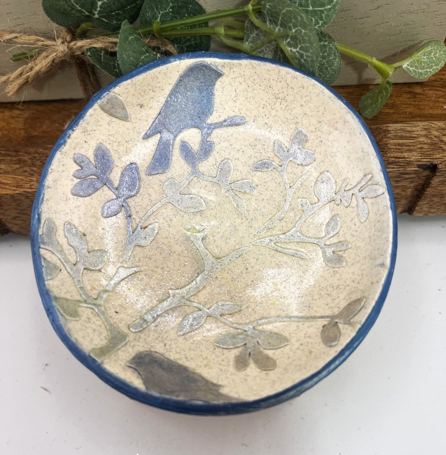 Hand Painted Small Blue Bird Trinket Dish